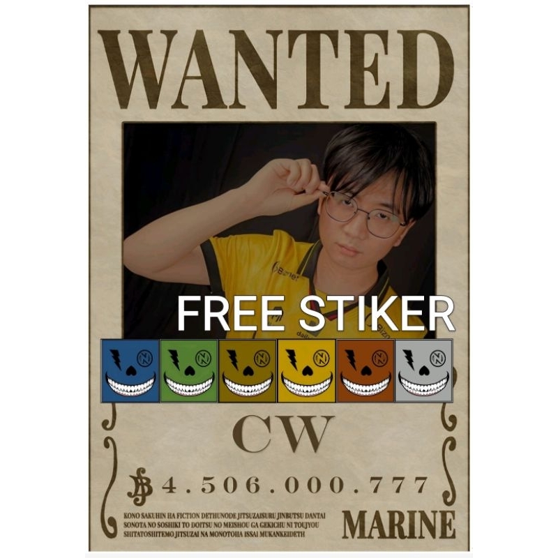 

stiker cw model wanted one piece ukuran A4 free stiker