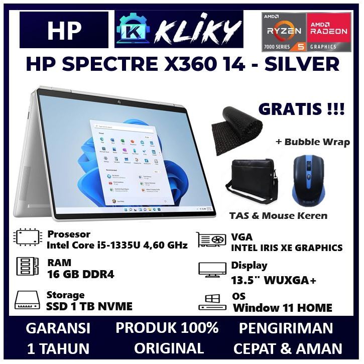 Laptop Touchscreen HP Spectre X360 Intel EVO Core i5 Gen13 Ram 16GB Ssd 1 TB Layar 13.5" WUXGA+ Silv