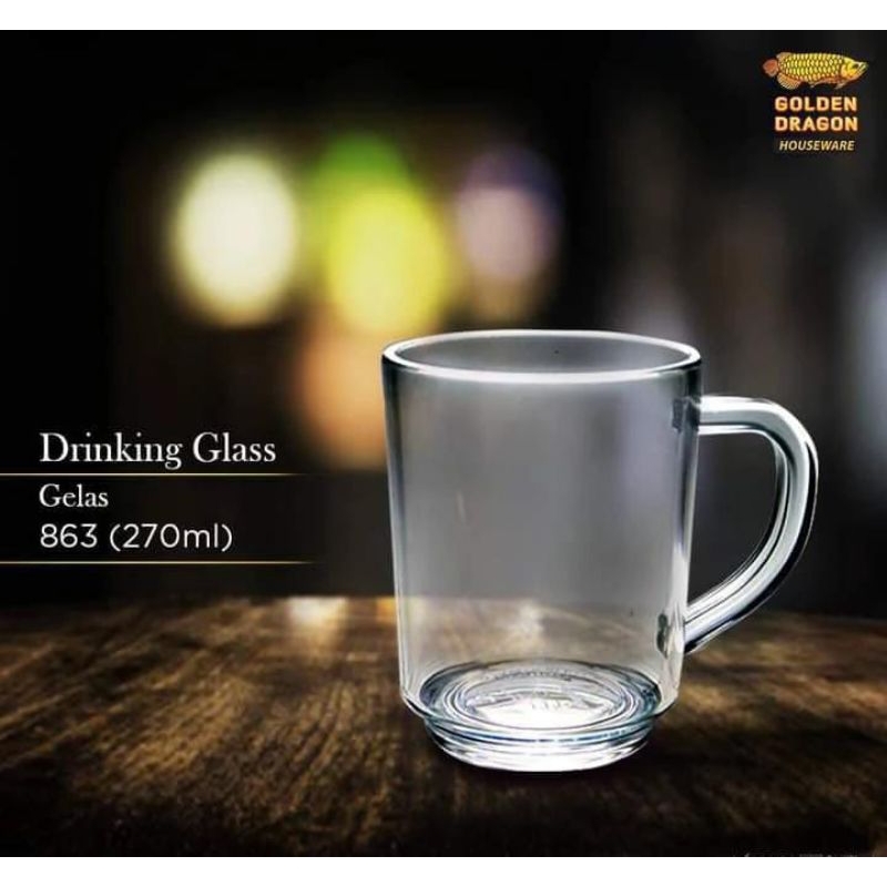 Grosir Melamine - Gelas Kopi Gagang Bening Plastik Premium 270ml Golden Dragon 863 harga 6pcs