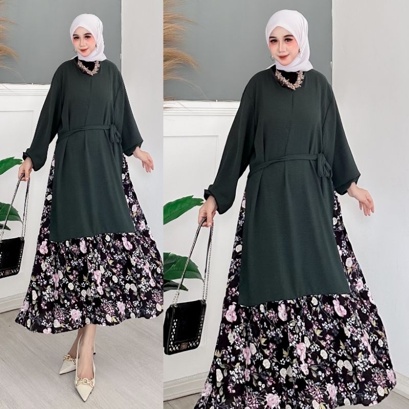 Midi Dress Luppy Crinkle Kombinasi Rayon Busui
