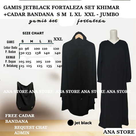 GAMIS JET BLACK FORTALEZA TEBAL SET KHIMAR NON PAD + CADAR BANDANA JET BALCK FORTALEZA S M L XL XXL 