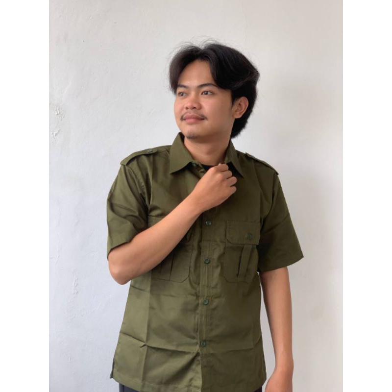 Baju Kemeja Hijau Army PDL Lengan Pendek Hijau Army Seragam Kerja Baju PDH Pendek Atasan Formal Bany