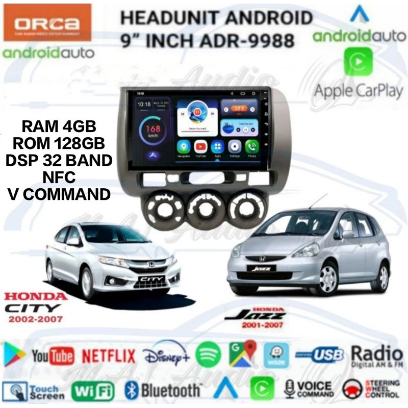 HEAD UNIT TAPE MOBIL DOUBLE DIN ANDROID ORCA OEM HONDA JAZZ ATAU CITY 2002-2007 RAM 4GB/128GB LAYAR 