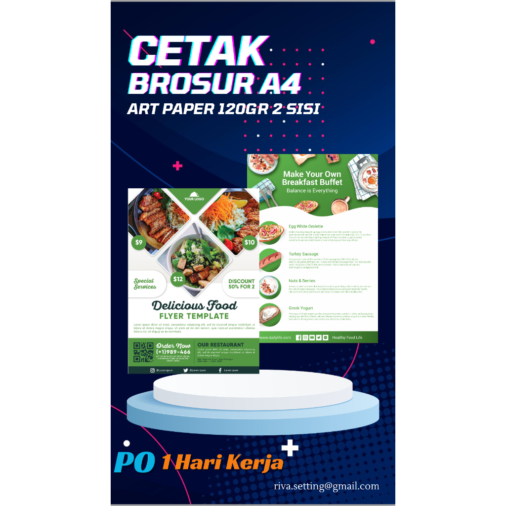 

Cetak Brosur Murah PO 1 hari Jadi Ukuran A4 Bahan Cetak 2 sisi Art Papaer 150gr cetak 2 rim / 1000 lembar