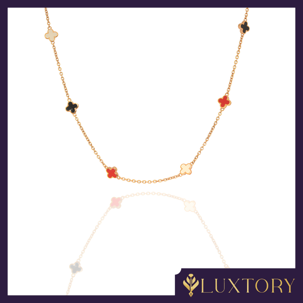 Kalung Emas Clover Keramik Merah Hitam Putih Permata 8K