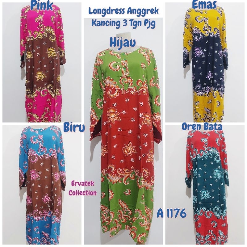 LONGDRESS BATIK ANGGREK A 1176 Model Kancing 3 Tangan Panjang / Daster Baju Tidur Katun Halus Muslim