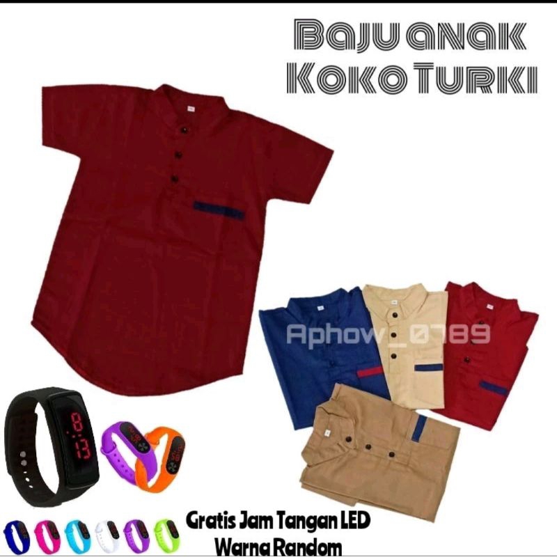 Baju Koko Turki anak Usia 3- 13 Tahun Baju muslim anak laki-laki lengan pendek Bonus Jam LED