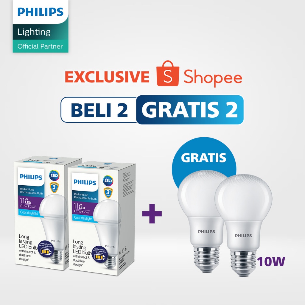 PHILIPS PAKET LAMPU RECHARGEABLE BOHLAM LED 11W GRATIS 2 LAMPU