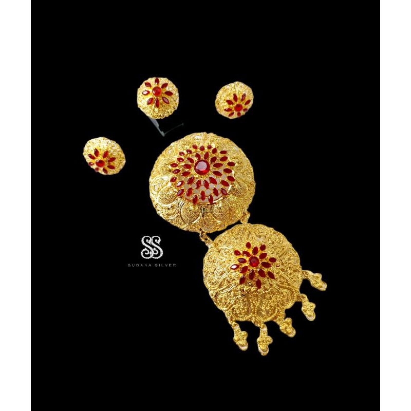 Set Bros Alpaka Sirkon Merah Kincir Gold Plated Aksesoris Bali