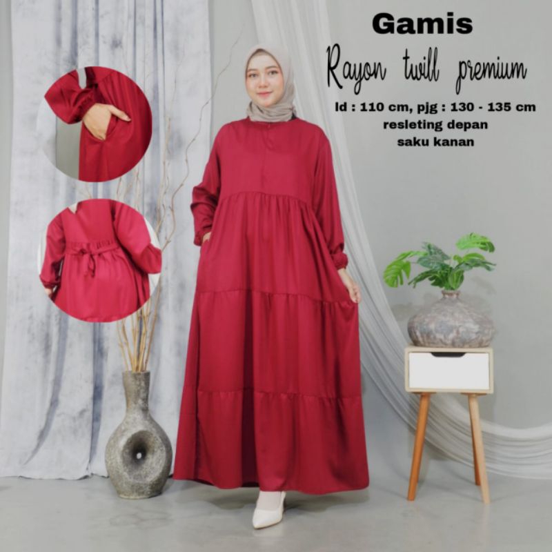 Gamis Rayon Polos Twill Premium Susun 3 LD 110cm panjang 135cm
