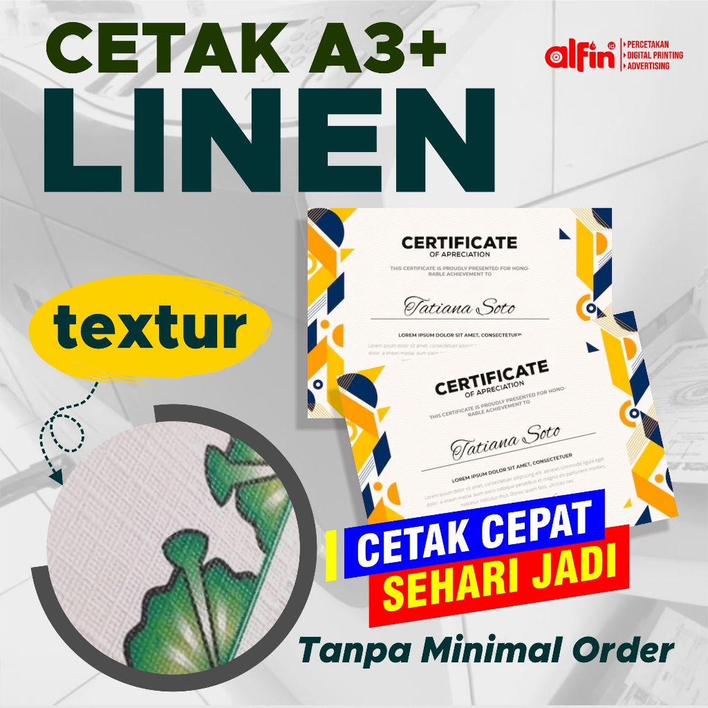 

CETAK KERTAS LINEN / PIAGAM / SERTIFKAT / CETAK A3+