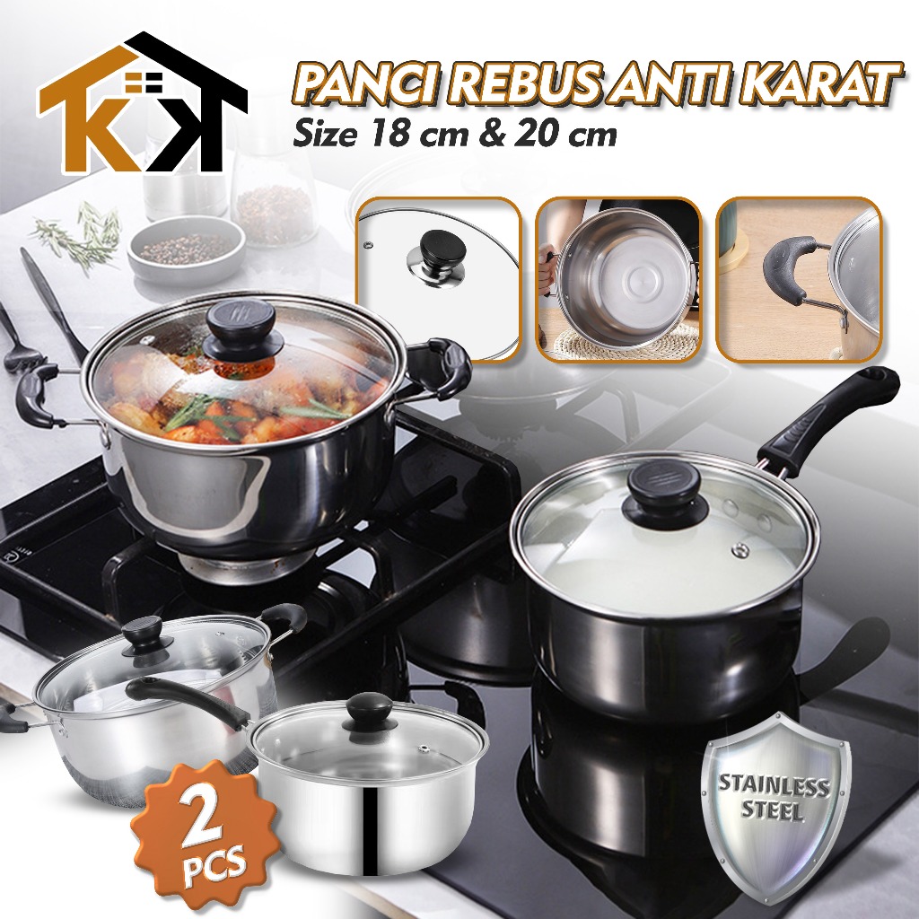 (KK) Set Panci Soup Pot Stainless Uk 18 Dan 20 CM Dengan Tutup Kaca/Panci Masak Mie Serbaguna