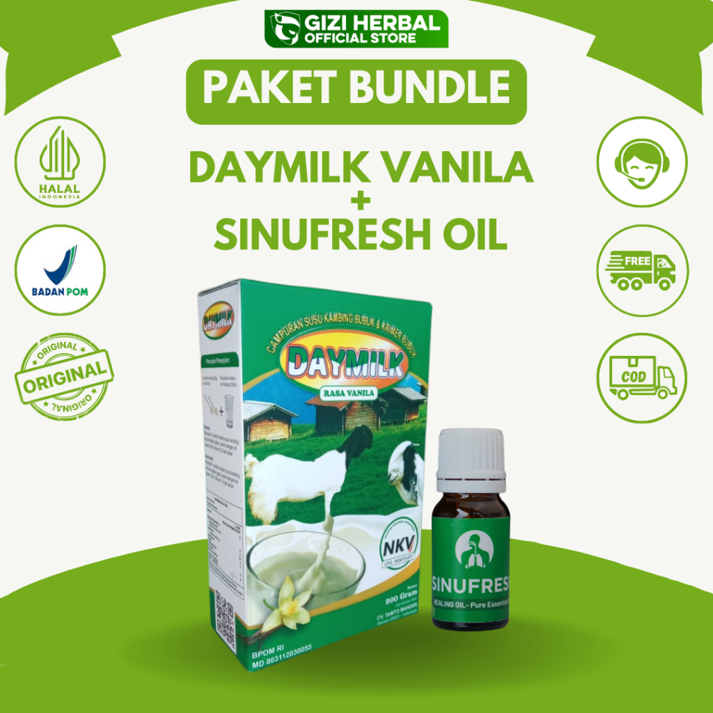 

Daymilk 1 Box Rasa Vanila Susu Kambing Etawa + 1 Botol Sinufresh Oil