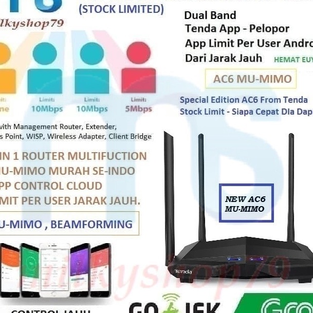 Bonuskan Tenda AC6 V5 MUMIMO Smart Router Real Time Cloud system Dual Band Wifi Router AC12