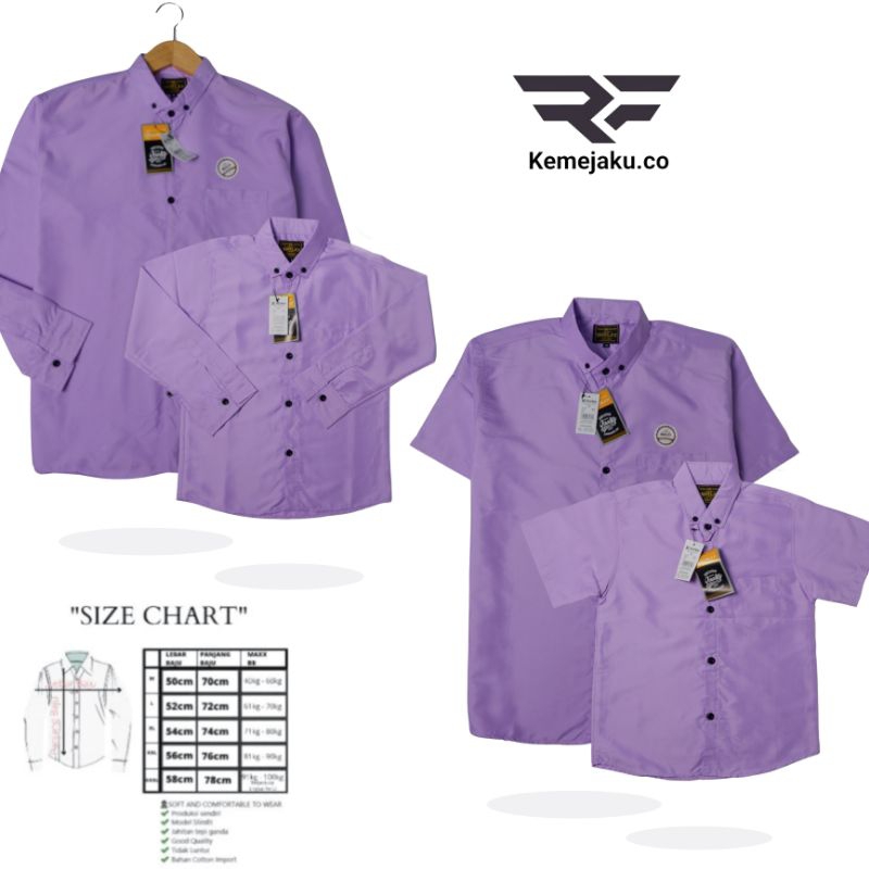 KEMEJA COUPLE AYAH DAN ANAK WARNA LILAC/BAHAN SOFT KATUN/AYAH M-XXXL/ANAK S-XXXL/HEM KEMEJA POLOS