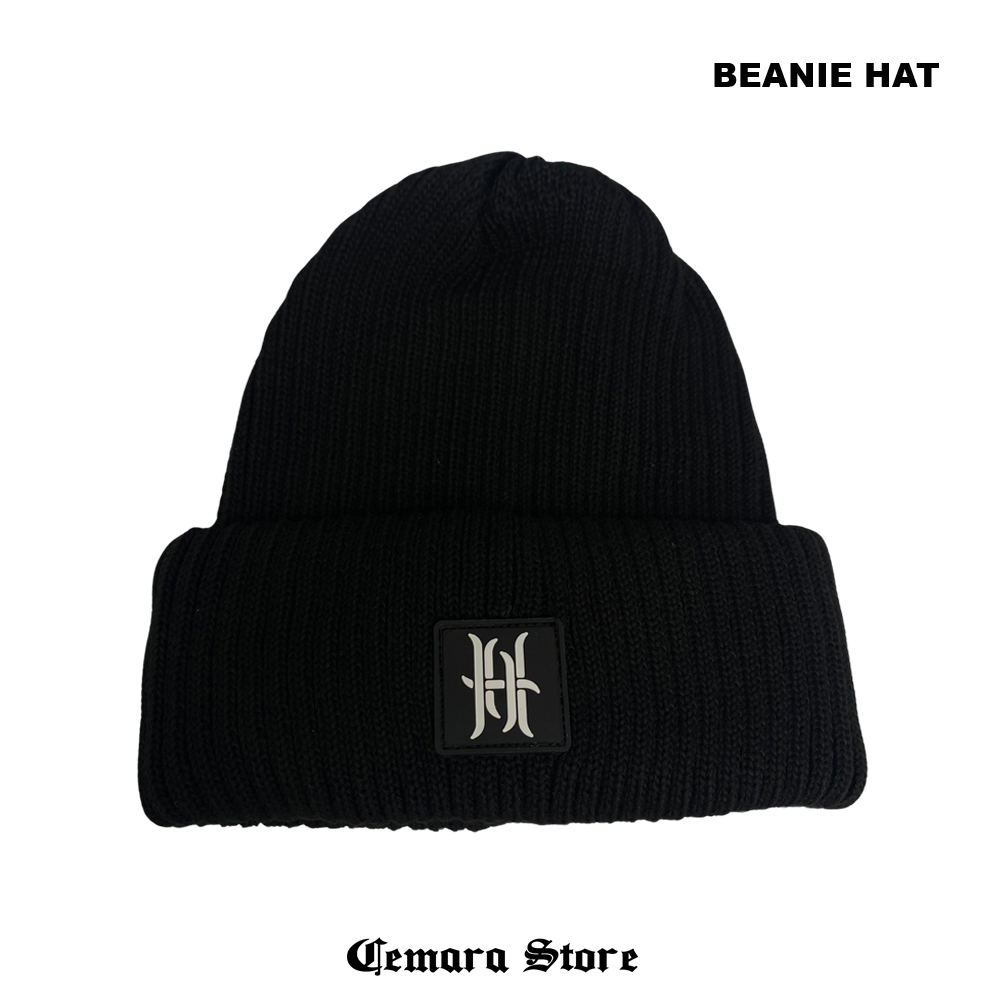 Beanie Hat Short Kupluk Ciput Bahan Acrylic Cotton Logo Label Rubber Karet Rajut Tebal Premium Distr