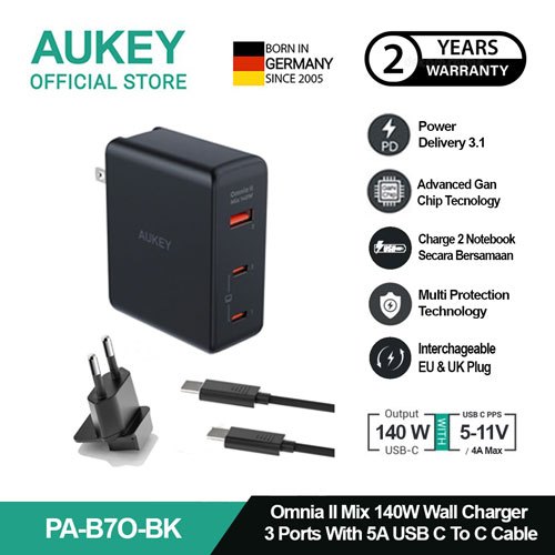 AUKEY Charger Multi Port Type C 140W GAN PD 3.1 Fast Charging PA-B7O