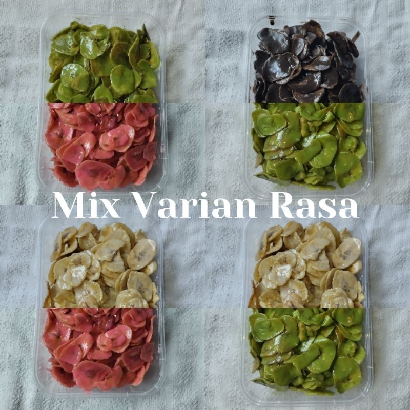 

Varian Mix Keripik Pisang Coklat Lumer - Mix 4 Varian Rasa Kemasan Thinwall 500ml