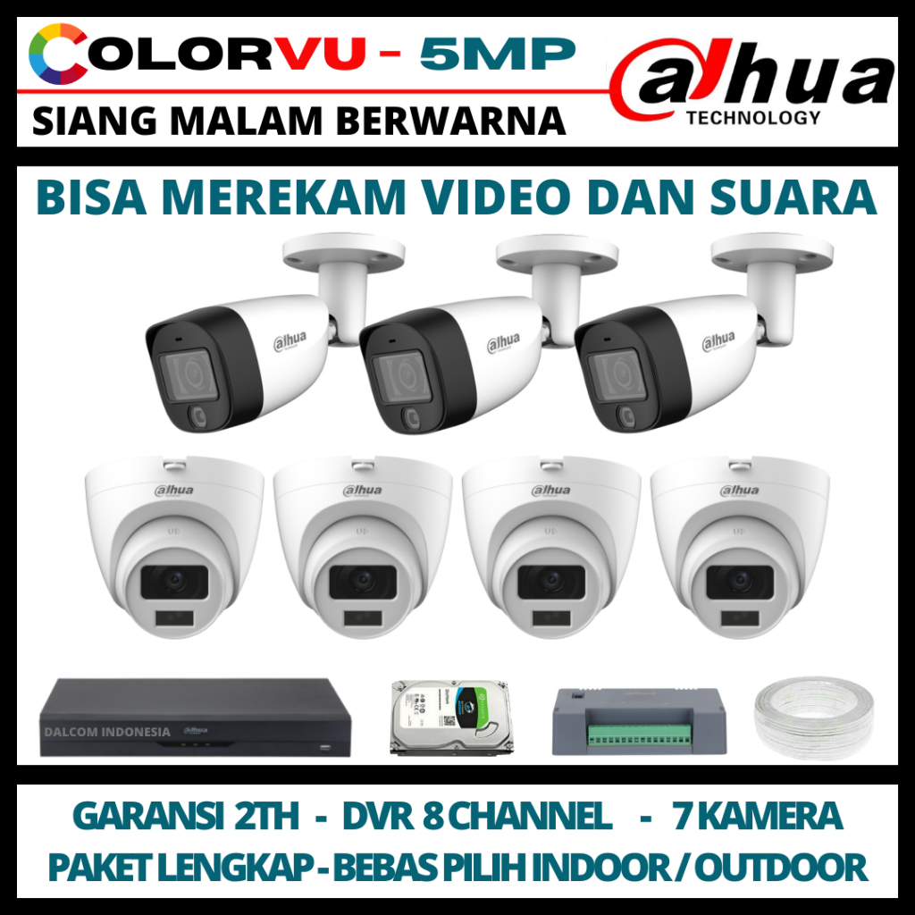 PAKET CCTV DAHUA COLORVU 5MP 8 CHANNEL 7 KAMERA