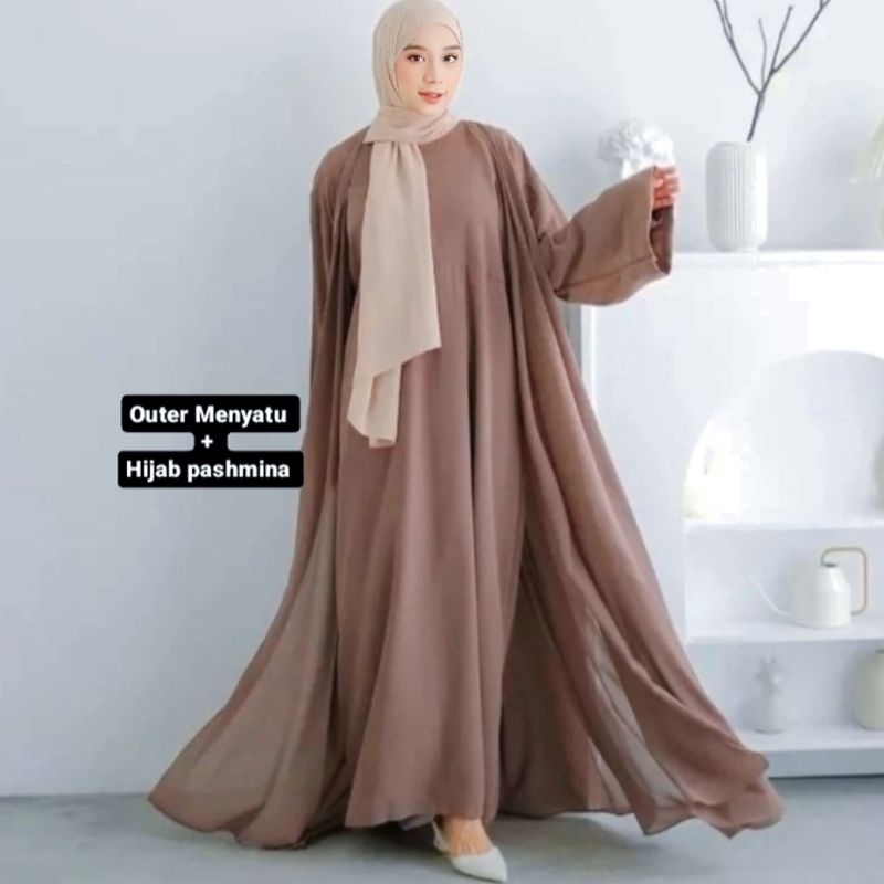 GROSIR ABAYA MEDINA OUTER MENYATU (BONUS HIJAB) MUSLIMAH / GAMIS ABAYA TURKEY ARAB BASIC HITAM TERBA