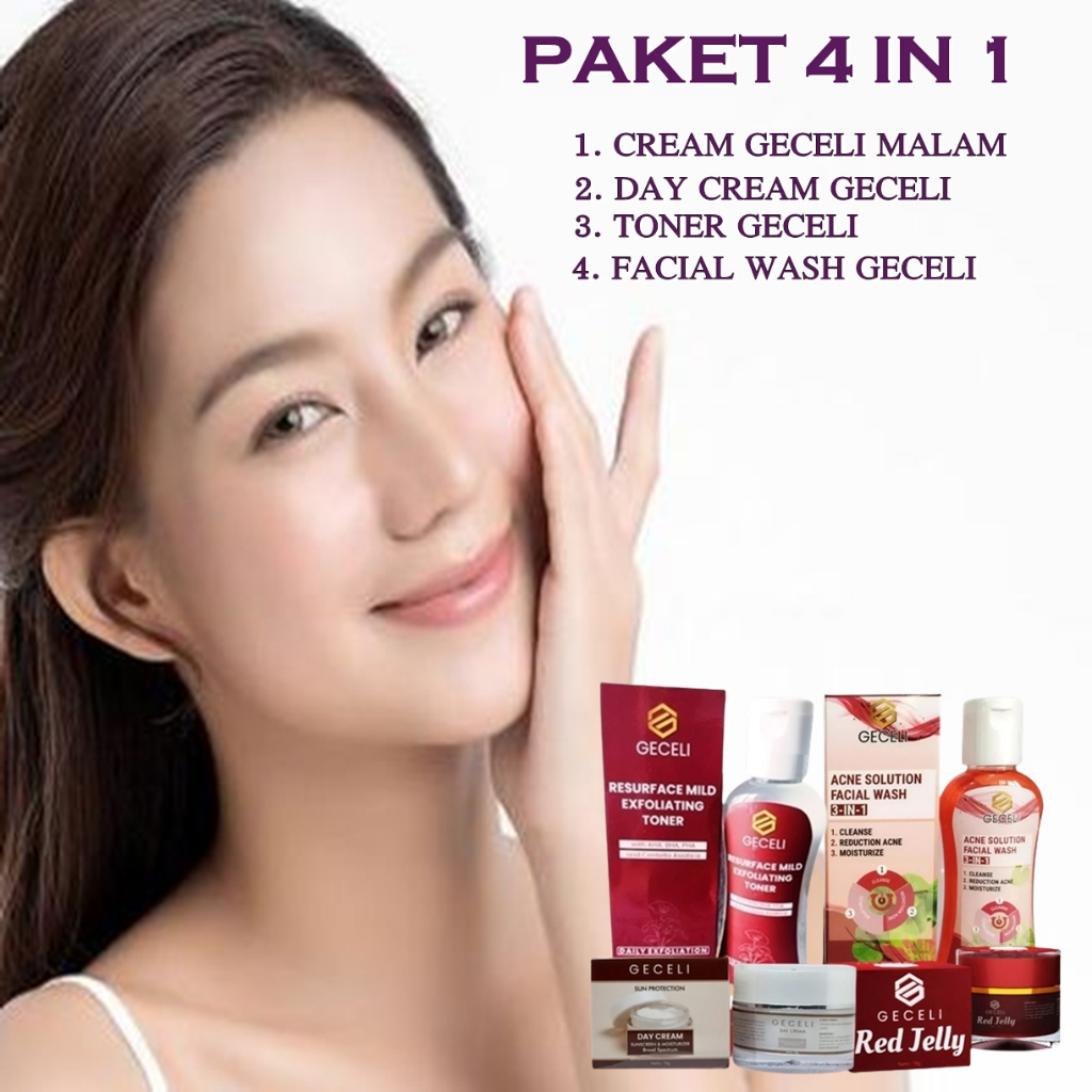 PAKET SKINCARE GECELI BIKIN GLOWING 4 IN 1 DAY CREAM GECELI,RED JELLY GECELI ,TONER GECELI, DAN FACI