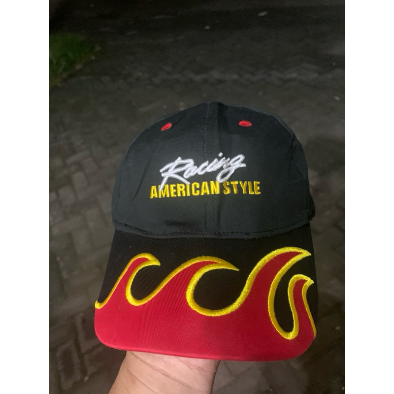 Topi Racing America Flame Api Bordir