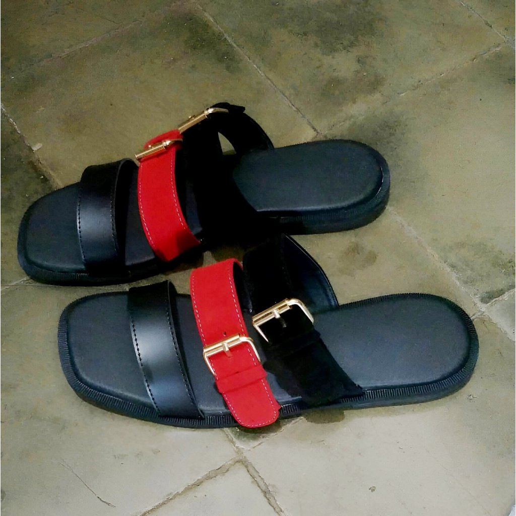 Sandal Flat Shoes Wanita Buckle Maroon Ukuran 40 41 42 43 44