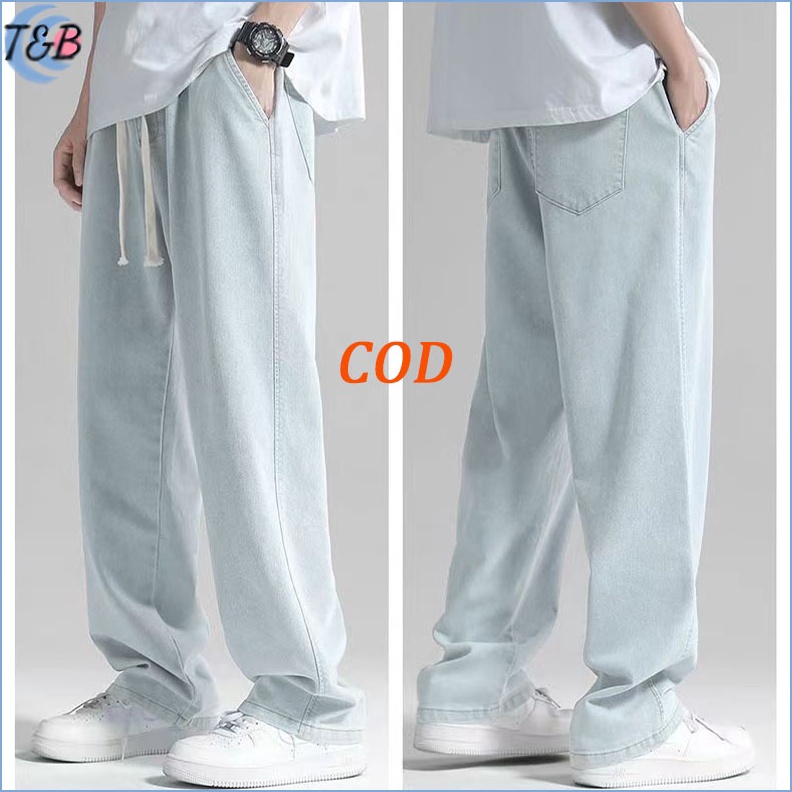 ART L45Q Celana kulot jeans pria jeans pinggang karet jumbo Baggy jeans pria Celana panjang cowok ou
