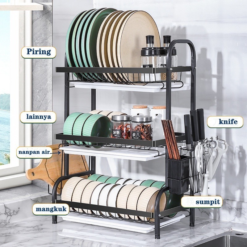 Rak Piring 3 Layer NARITA Dish Drainer 3 Layer Rak Dapur Stainless Rak Cuci Penyimpanan Piring