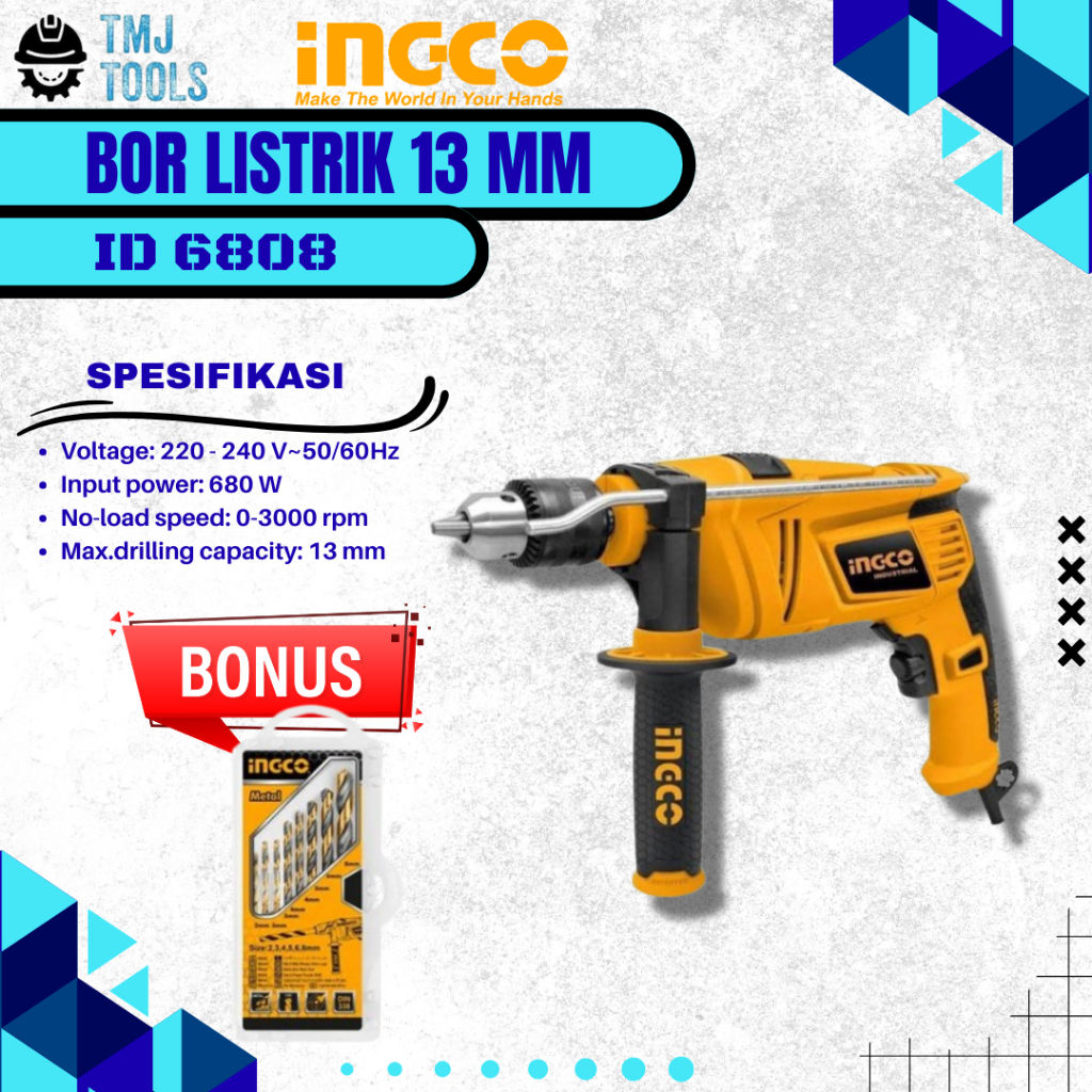 Mesin Bor Tangan Listrik INGCO ID6808 13mm Electric Drill 13 mm Bor Tembok Beton Besi Kayu Metal Put