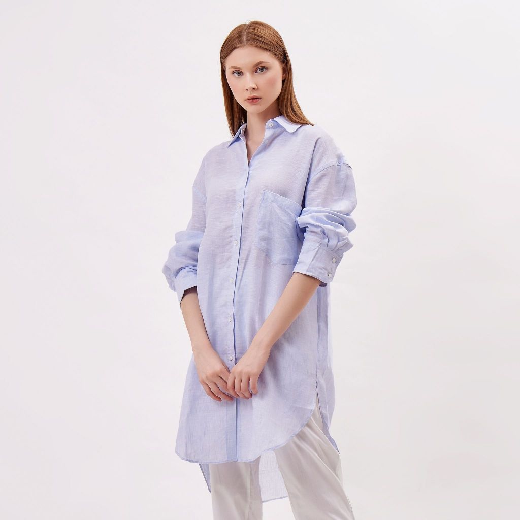 Kemeja Linen Oversized Wanita Panjang Biru REMEDY Resort Wear - Side Linen Shirt