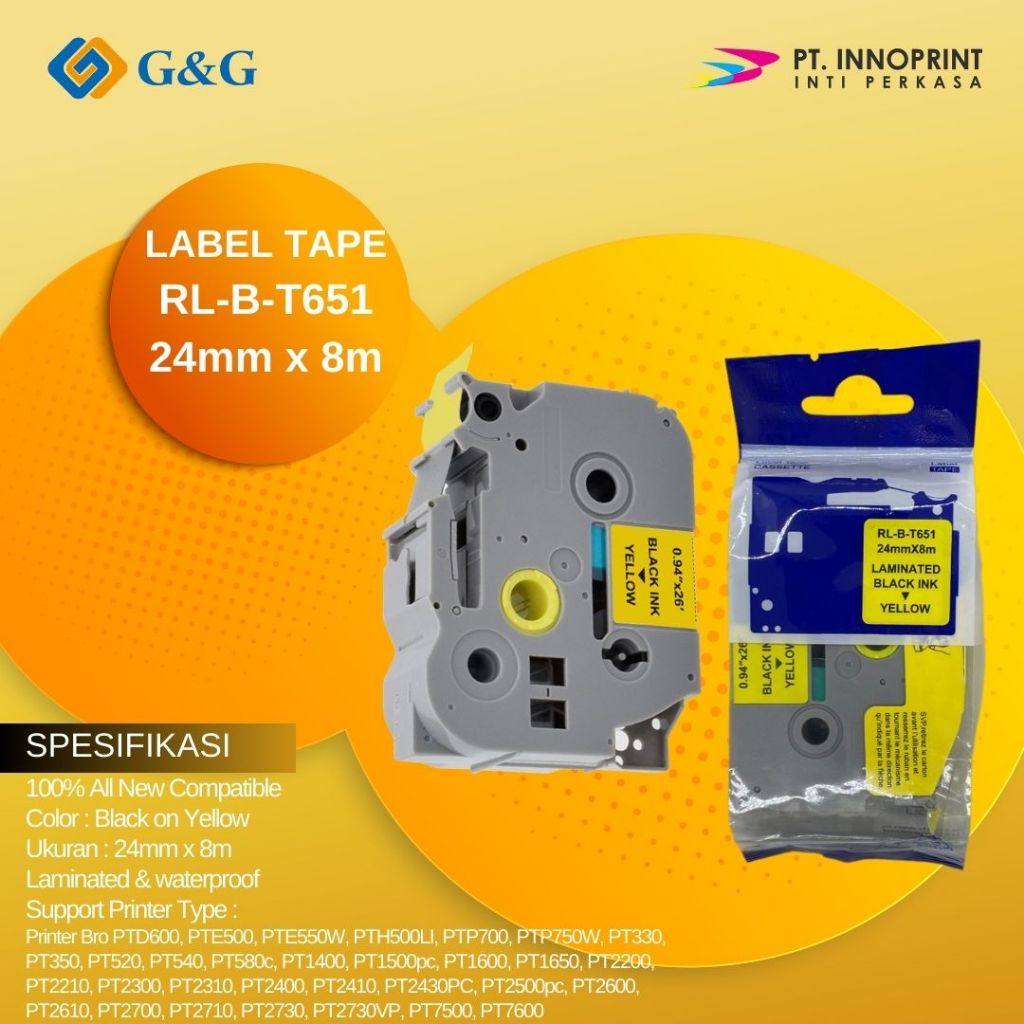 

Label tape G&G for Brother Label Tape TZE-651 24mm x 8m Black On Yellow TZE651