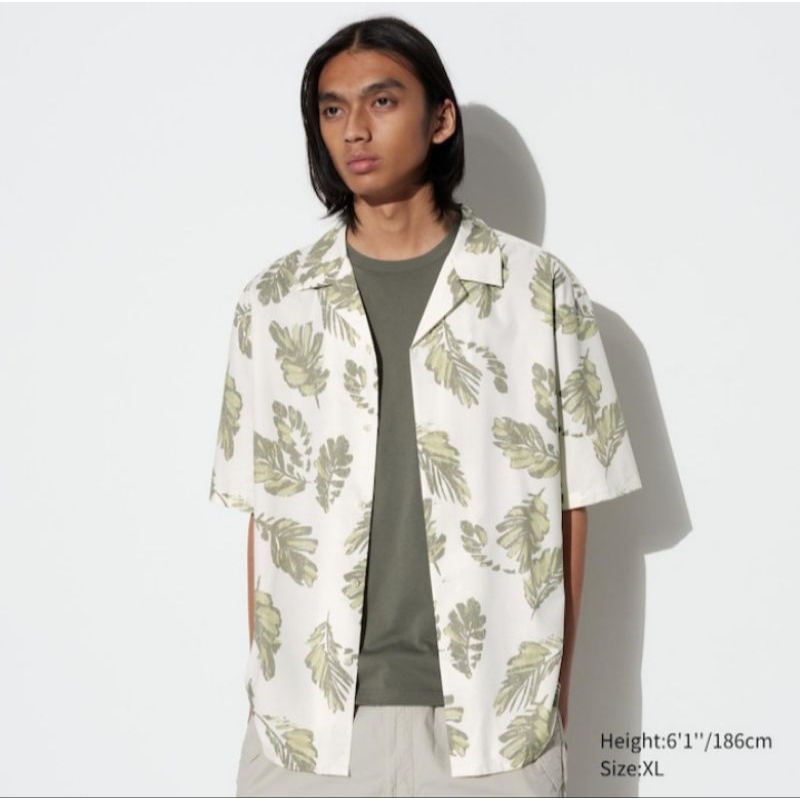 Kemeja Motif Katun Modal Kerah Terbuka Lengan Pendek Men Uniqlo