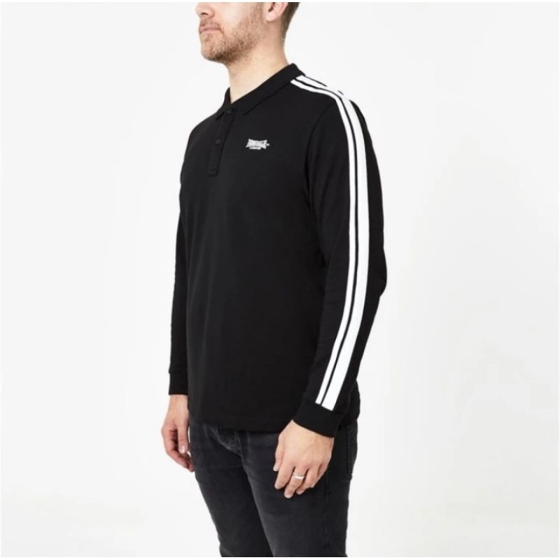 Lonsdale Long Sleeve 2 Stripe Polo Shirt Black Original