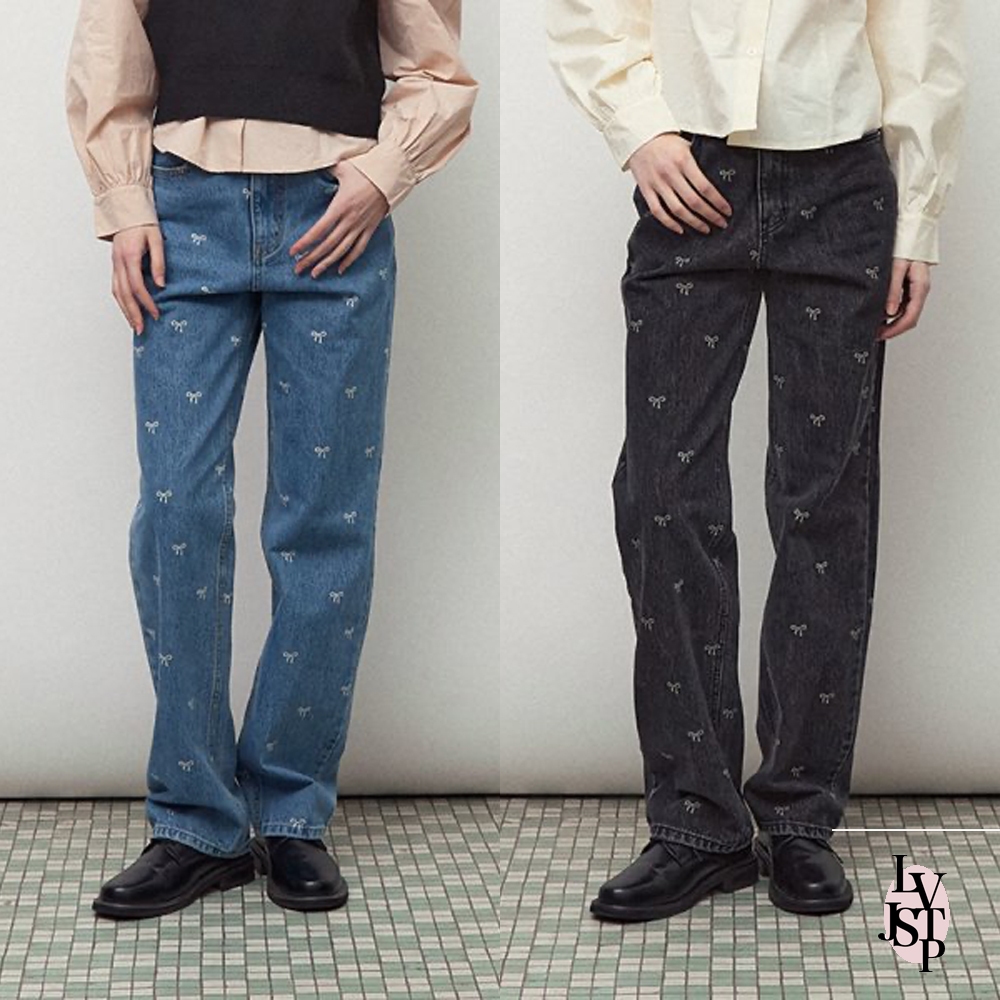 RONRON Ribbon Print Denim Pants