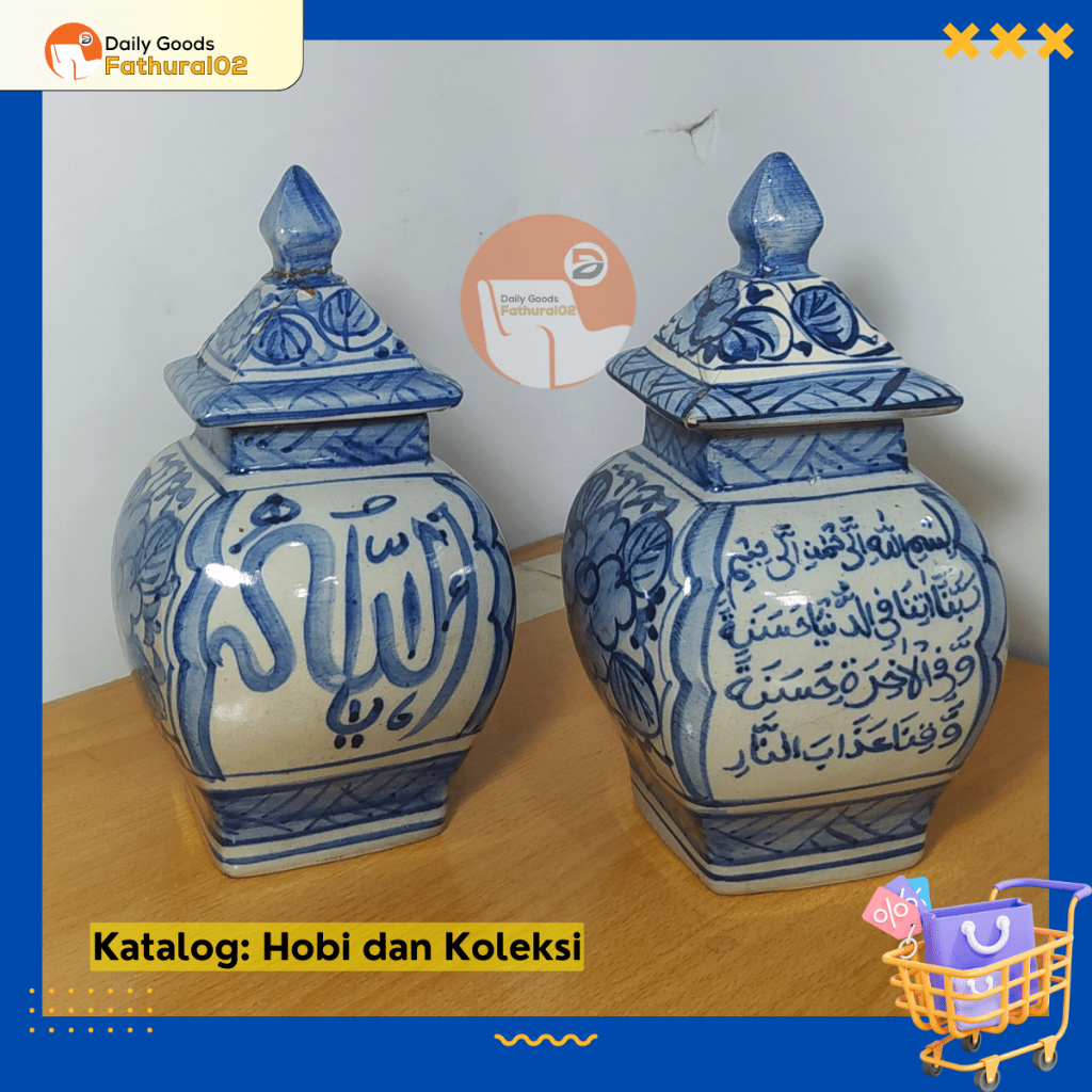 Guci Keramik Antik Hiasan Rumah Model Bejana Minus Tutup Retak Motif Bunga Kaligrafi Doa Preloved