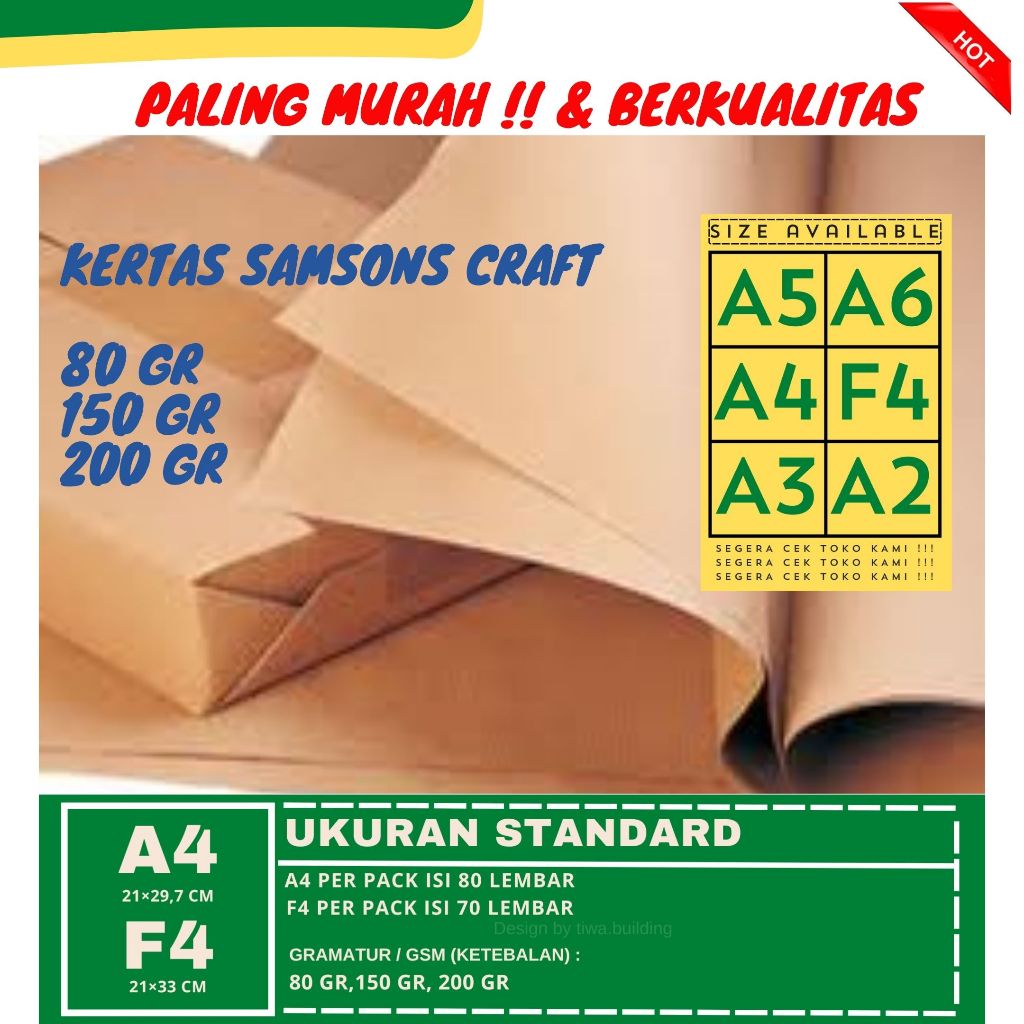 

KERTAS CRAFT/KERTAS SAMSONS/KERTAS LINER UKURAN A4 F4 80 GR 150 GR 200 GR PERPACK ISI 70&80 LEMBAR