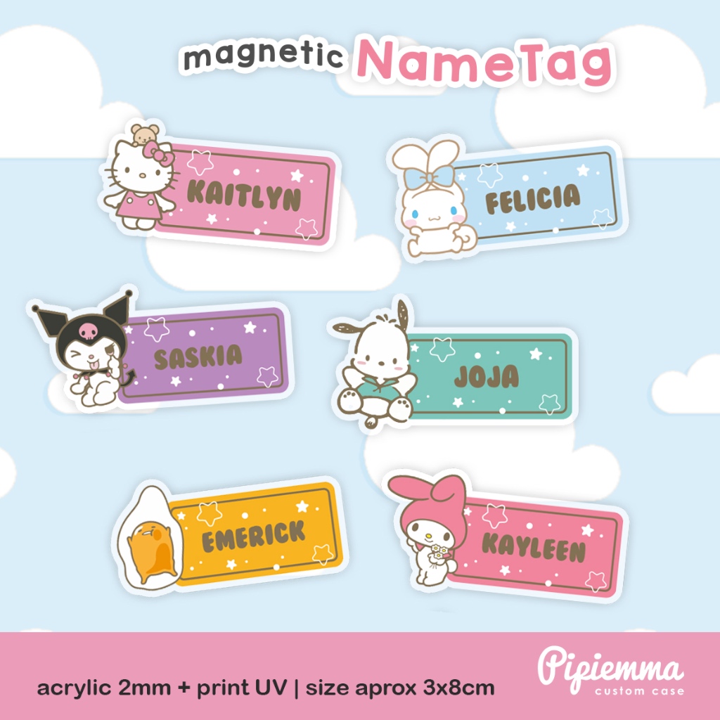 

Name Tag Sanrio Magnetic Tag Dada Lucu Anak Sekolah CInnamoroll My Melody Kuromi Gudetama Pochacco Hello Kitty Custom Nama