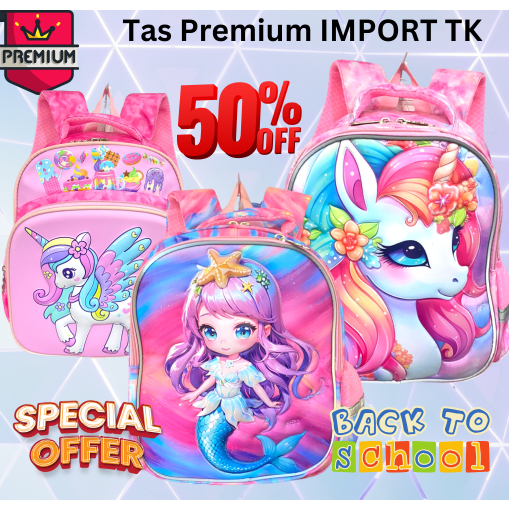 Tas Ransel Sekolah Anak TK HSD IMPORT Dinosaurus Dino Mermaid Unicorn