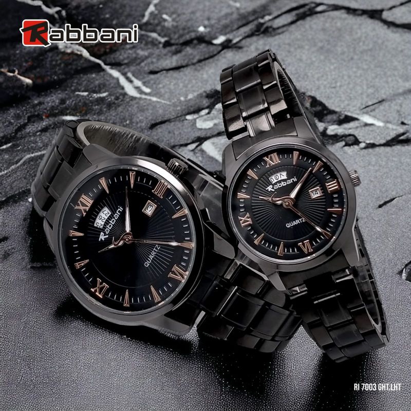 Rabbani 7003 ght/lht, Jam tangan couple, Rantai hitam monochrom, water resistant.