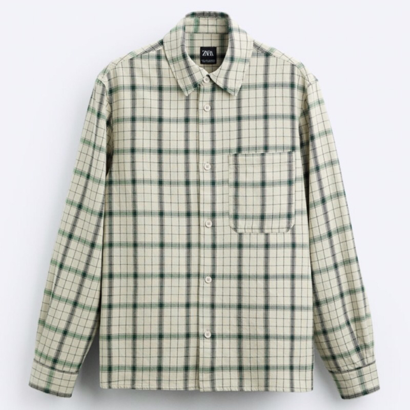 ZARA Men Check Overshirt Kemeja Pria Lengan Panjang Green