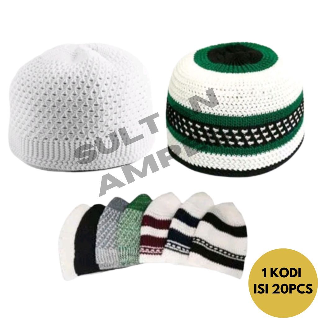 1 KODI (20pcs) Peci Kopiah Rajut Tebal Warna Putih Dan Motif Untuk Oleh Haji Umroh Lentur Size Dewas