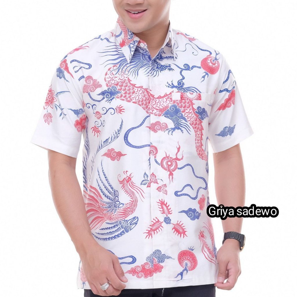 Baju Kemeja Batik Pria Dewasa Lengan Pendek Furing Tulis Kombinasi Motif Naga Putih