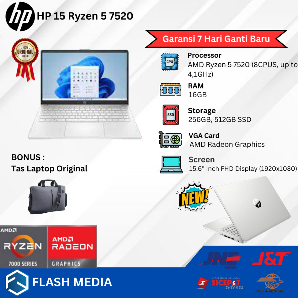 Laptop Baru Hp 15 fc  Ryzen 5 7520 4.3GHz RAM 16GB SSD 512GB