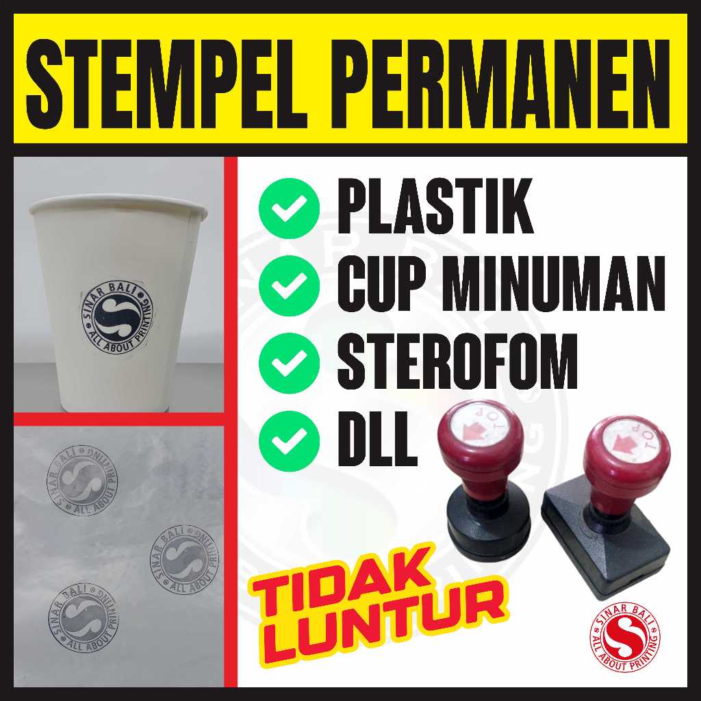 

Stempel Plastik | Cup Gelas | Sterofoam | Mika | Kayu | Polymailer | Standing Pouch Tinta Permanen Waterproof