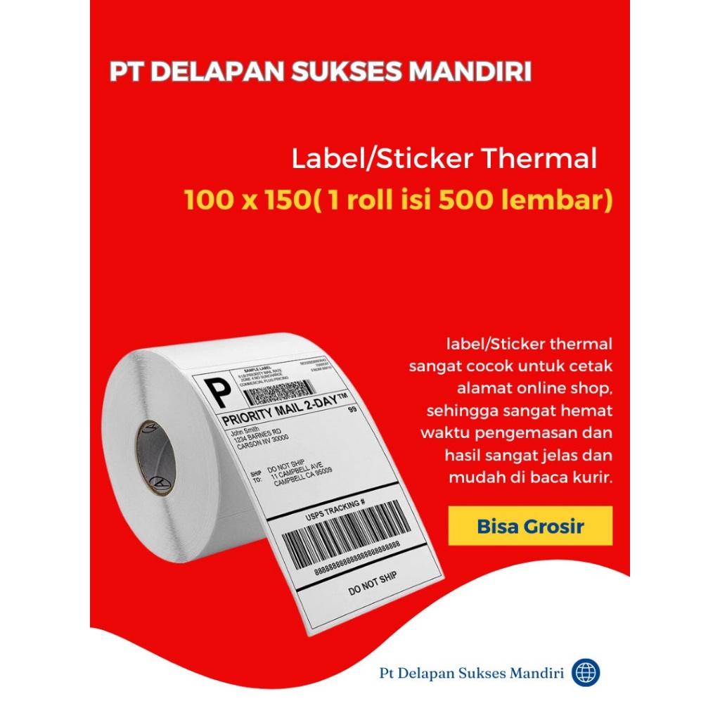 

STICKER KERTAS THERMAL LABEL 100X150 MM A6 500 LEMBAR Roll