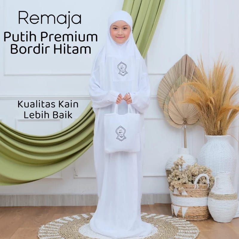 Hadramaut remaja 10-14 thn warna Putih/Mukena Anak bahan rayon/ Mukena HITAM terusan anak/ Terompah 