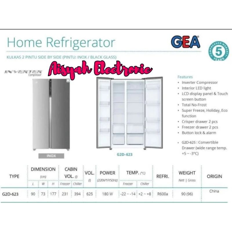 KULKAS SIDE BY SIDE GEA INVERTER G2D-623 INOX