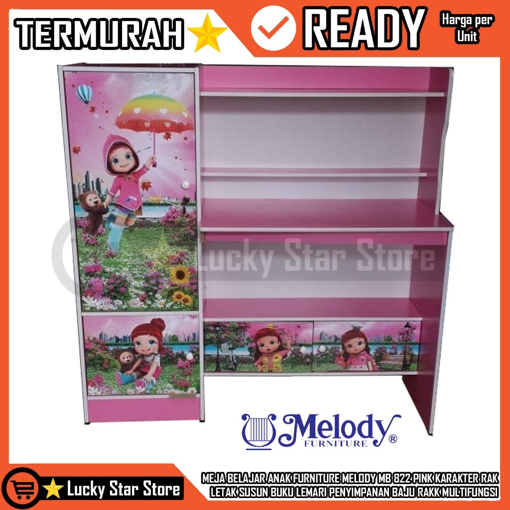 [Kargo] Meja Belajar Anak Furniture Melody Mb 822 Pink Karakter Rak Letak Susun Buku Lemari Penyimpa