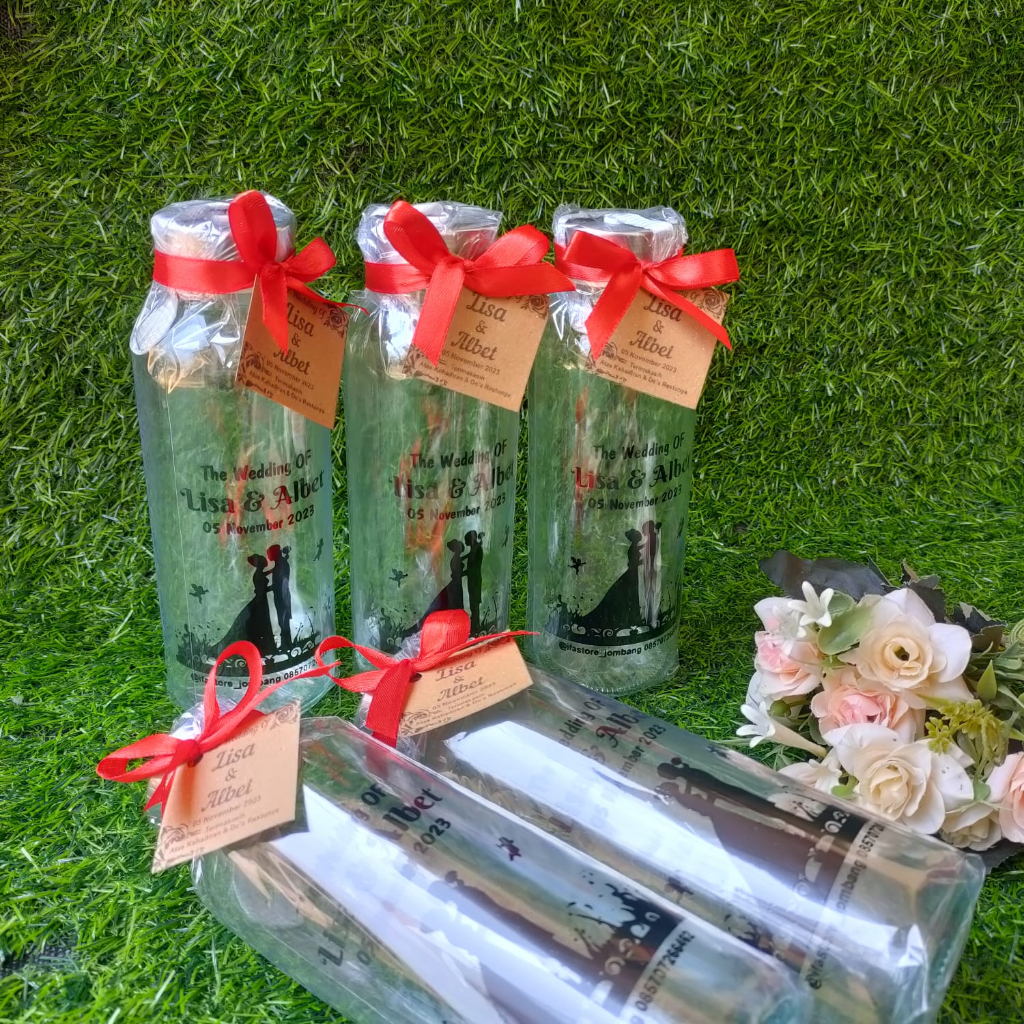 

Souvenir botol/ Tumbler kaca bening 420ml sudah sablon dan kemas cantik